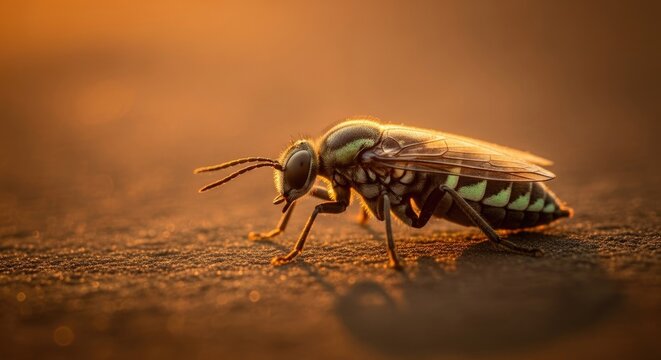 Close up insect with iridescent wings on a textured surface under warm sunlight