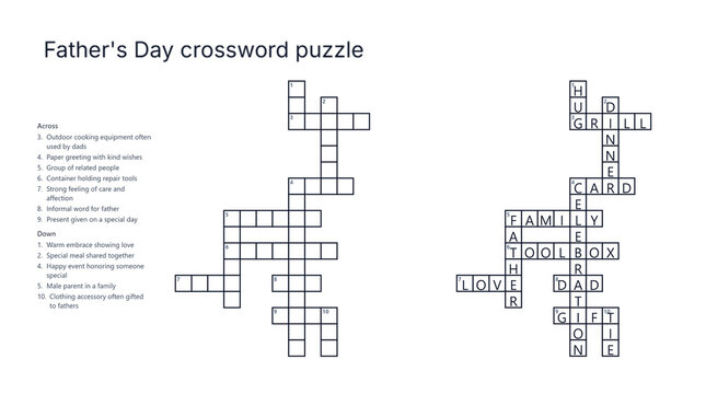 Father's Day crossword puzzle with clues and solutions on white background  