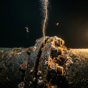 Submerged Macro Shot Of Rusty Metal Structure With Bubbles Rising Against A Dark Background