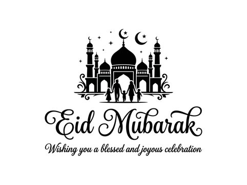 mosque silhouette with family and eid mubarak text