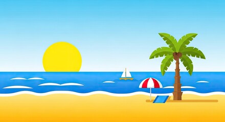 Obraz premium Cartoon beach scene with sun ocean palm tree and a sailboat on a sunny day