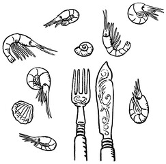Krabben mit Fischmesser und Muscheln. Schwarz-Weiß-Illustration © TOONCAFE