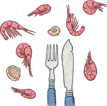 Krabben mit Fischmesser und Muscheln. Farb-Illustration