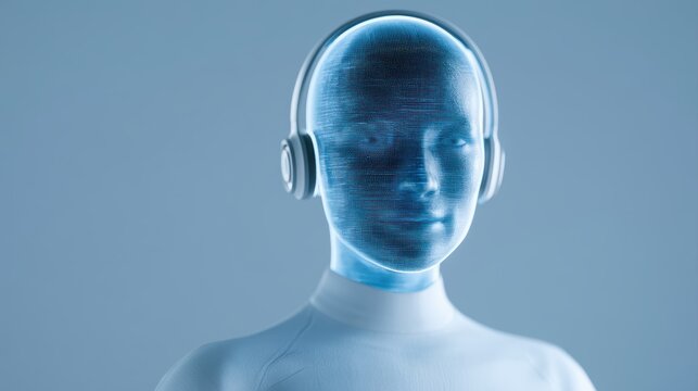 AI assistant interface with holographic avatar, futuristic customer service technology background