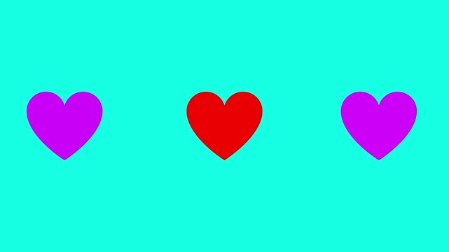 Three hearts with red center on cyan background a horizontal arrangement of hearts, featuring a central heart flanked by two bright magenta on a magenta row love romance icons