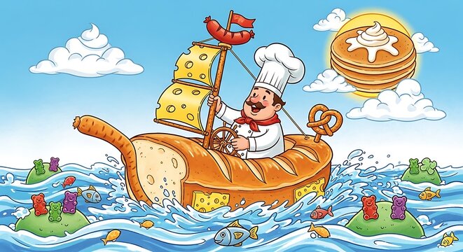 Cartoon pirate ship sailing in tropical paradise.