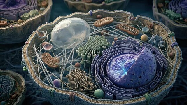 Cell, intricate biological structure showcasing internal anatomy, revealing nucleus, mitochondrion, endoplasmic reticulum, golgi apparatus, cytoplasm, and cell membrane, essential for life science.