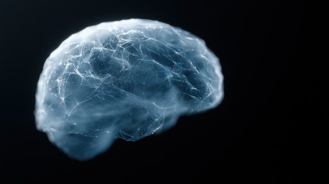 minimal artificial intelligence concept with glowing brain wireframe on black background