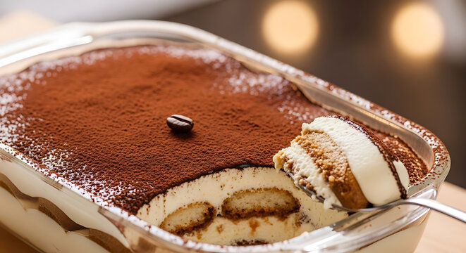 Tiramisu dessert with cocoa powder and coffee beans sits in a glass dish for a sweet indulgence.