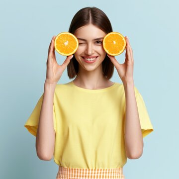Playful girl fooling around with oranges on colorful contrast background