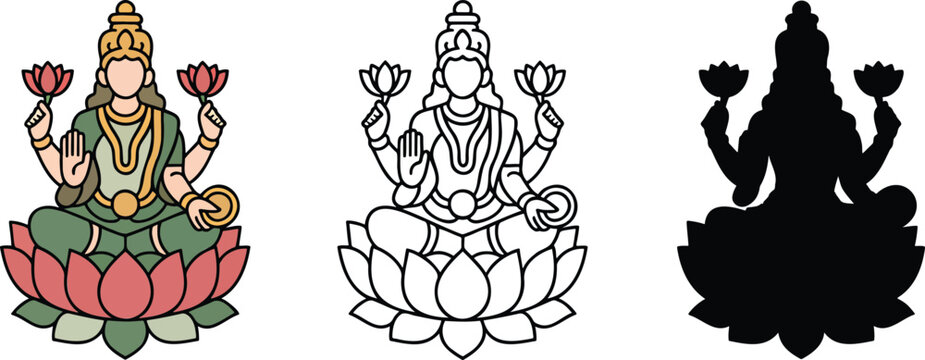 Lakshmi silhouette & Outline and illustration set isolated on transparent background