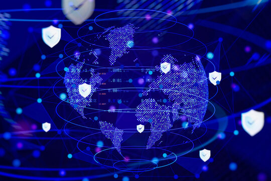 Digital planet earth globe covered with data numbers surrounded by blue network lines and glowing white security shield icons.