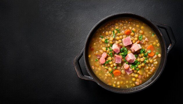 top view of split pea soup with ham in a cast iron pot against a dark backdrop flat lay ample empty space