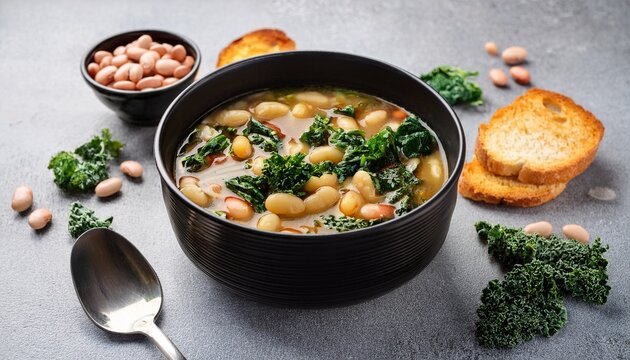 tuscan vegetable soup made with cannellini beans kale and bread presented in a black bowl on a concrete surface with ingredients arranged around it
