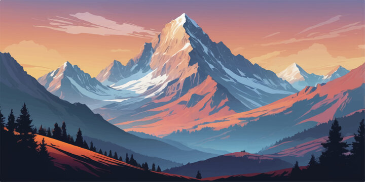 Sunrise over snowy mountain peaks with clouds and a panoramic nature landscape