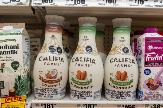 Villa de Alvarez, Colima. Mexico. May 15, 2026: Califia Farms Almondmilk Products on Supermarket Shelf