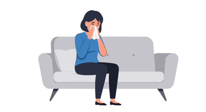 Woman sitting on a modern gray sofa, crying into a tissue, against a minimalistic white background, expressing sadness and emotion