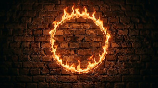 A bright glowing circle of intense orange flames burning fiercely against the texture of a dark rustic brick wall background