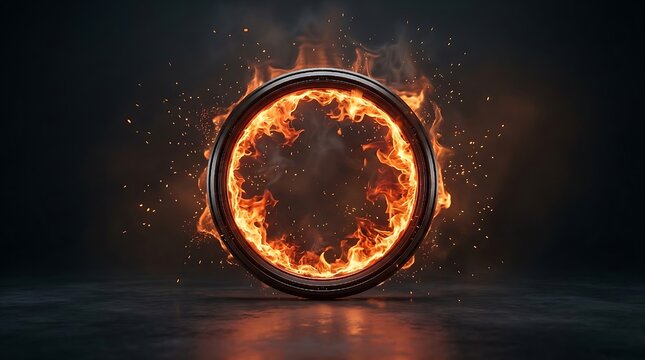 A metallic circular ring glowing with intense orange flames and flying sparks captured in a dark and moody studio environment