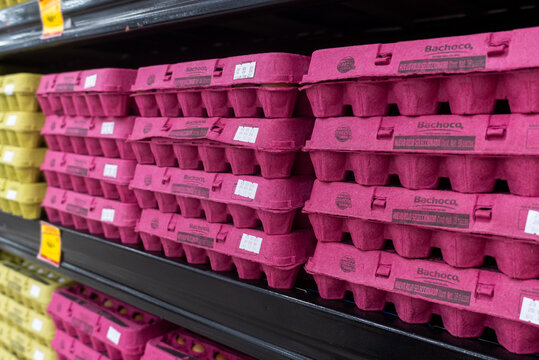 Villa de Alvarez, Colima. Mexico. May 15, 2026: Bachoco Egg Cartons Stacked on Supermarket Shelf