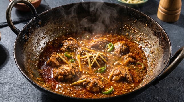 Overhead macro spicy karahi gosht in cast iron wok with steam