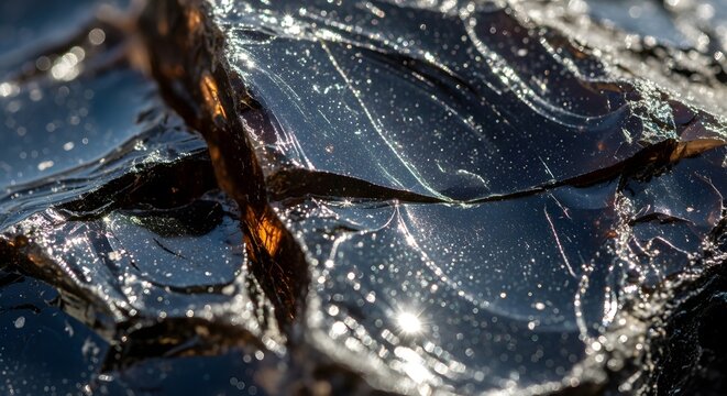 Closeup view of a dark, glassy, fractured obsidian rock with light reflecting off its surface