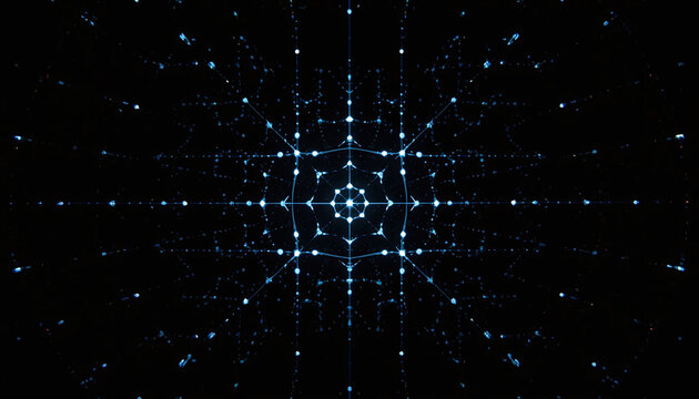 X‑ray diffraction image of a protein crystal &ndash; sharp, well‑resolved spots (reflections) arranged in a symmetric pattern on a dimly lit diffractometer screen, structural biology concept, no people