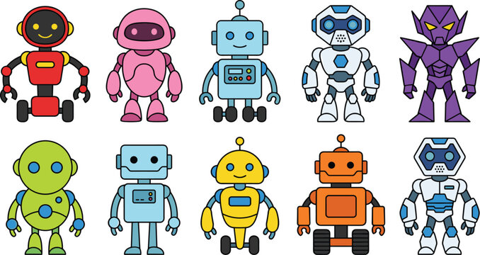 Cute Colorful Robot Toy Character Mascot Set Featuring Various Mecha and Futuristic Droid Icons for Kids Game Interface and STEM Branding Designs