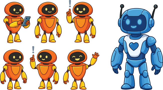 Cute Orange Chatbot and Blue Robot Character Mascot Set with Smart Phone, Exclamation Idea, and Wave Hand Actions for AI Technology Vector Graphics