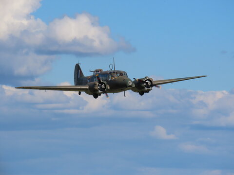 Avro Anson in flight, vintage twin-engine aircraft