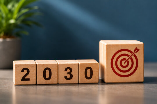 Wooden blocks displaying the year 2030 alongside a red bullseye target symbol representing future business goals planning strategy and vision for the upcoming new decade