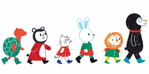 Obraz premium Anthropomorphic Animals In A Row Colorful Vector Illustration