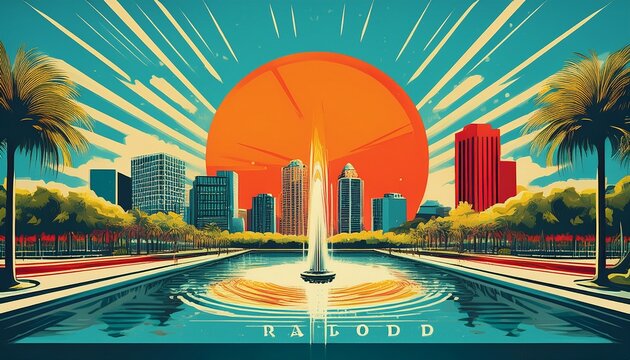 a colorful vintage style travel poster of orlando florida showing palm trees a round water fountain and a modern city skyline beneath a bold sun in a blue sky