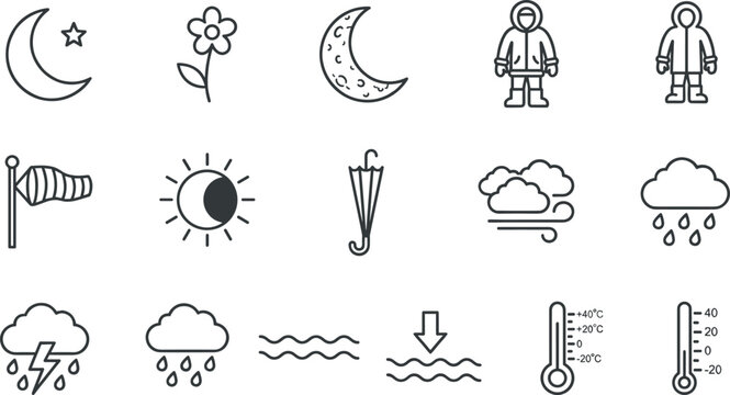 Weather forecast and climate icon set with sun moon clouds rain wind thermometer and seasonal nature linear vector symbols