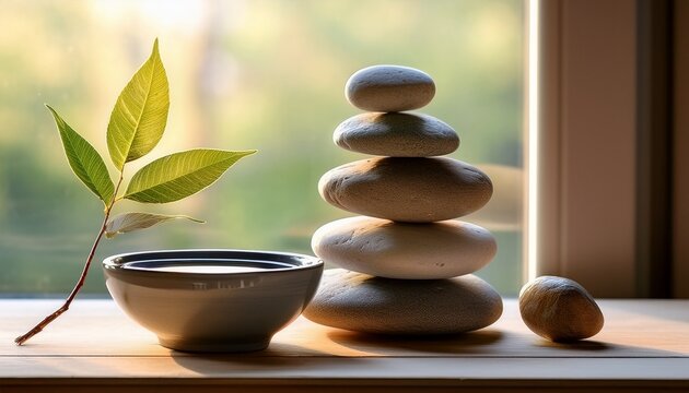 a tranquil still life featuring stacked stones a twig and a bowl of water with a leaf sits near a bright window evoking a sense of calm and natural beauty