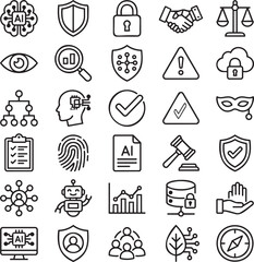 Fototapeta premium AI Ethics Line Icons Set – 30 Minimal Black Outline Vector Icons for Responsible AI, Technology Governance, SaaS Dashboards & Business Platforms UI UX