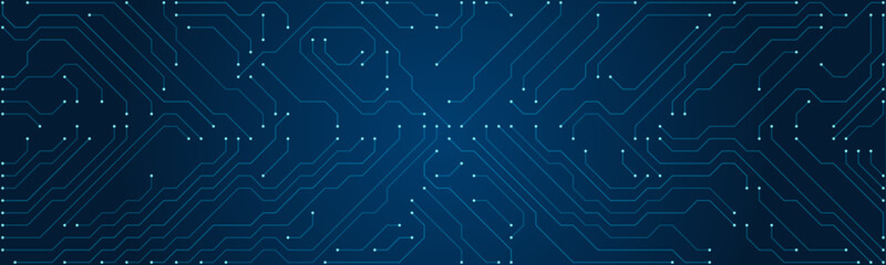 Obraz premium Dark blue digital circuit board pattern with glowing white nodes and cyan lines technology abstract