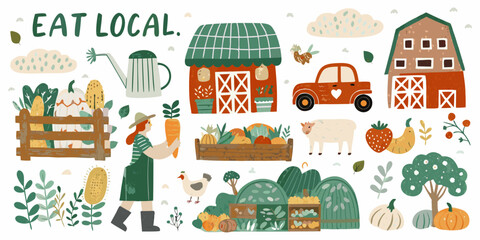 Farm scene illustration with vegetables barn and produce hand drawn style © MituRani