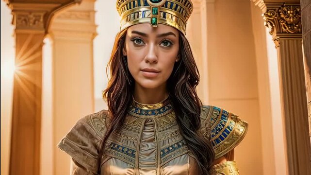 Beautiful Egyptian queen against the background of Egyptian antiquities