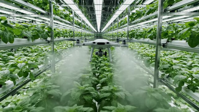 Drone sprays mist over rows of vibrant green plants in high-tech indoor greenhouse. Bright lighting showcases healthy growth environment. Concept of agriculture, technology, innovation