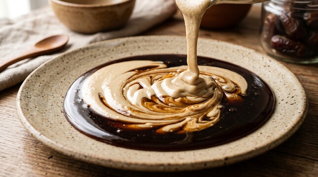 Tahini sesame paste pouring into dark sweet date molasses syrup creating swirl pattern on a ceramic plate for traditional middle eastern breakfast dip macro food shot