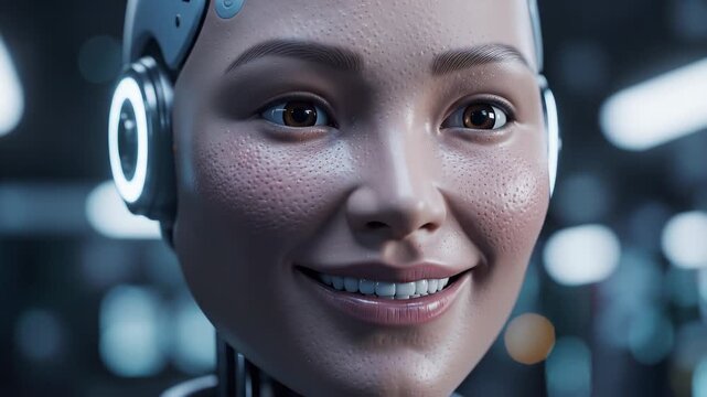 Realistic Humanoid Robot Face Slowly Smiling, Expressing Happiness with Micro-expressions
