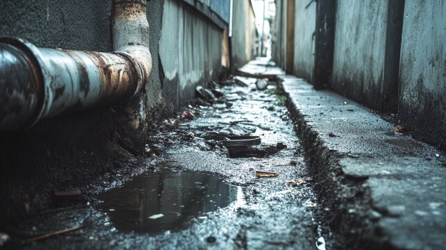 Urban alleyway with trash and water during a cloudy day in a city street