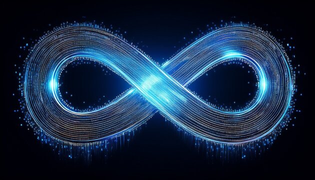 blue infinity symbol made of glowing binary code particles on black background
