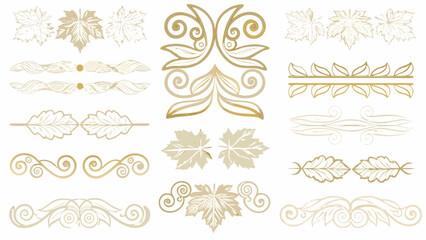 A collection of golden floral ornaments and leaf shapes arranged in a decorative vector illustration ornament design shape motif pattern botanical © Sribas
