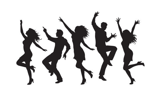 Dancing people silhouettes, energetic group of young men and women having fun, black party crowd vector on white background