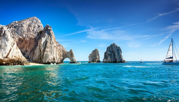 los cabos mexico arch rock formation and sailboat on turquoise water