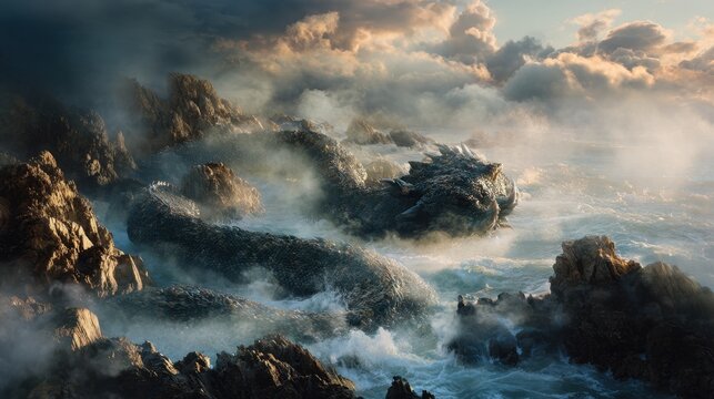 Dreamlike fusion of stormy light and cinematic illumination over a rocky coastline, a monumental serpent imagined to coil through jagged rocks as sea spray erupts and hyper-detailed textures of stone