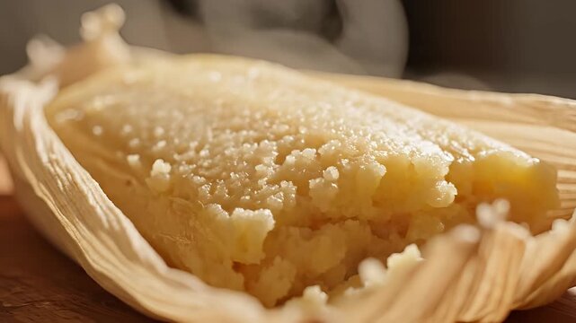 Closeup of steaming tamale wrapped in corn husks a traditional Mexican dish.