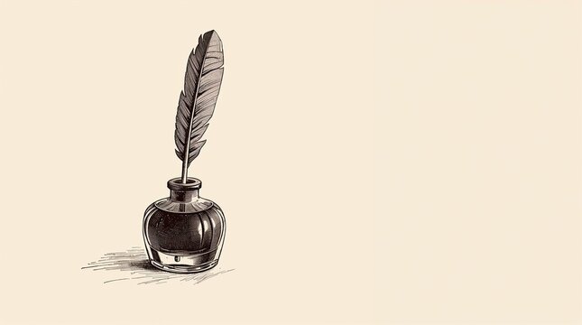 Vintage quill pen in glass inkwell on beige background writing concept